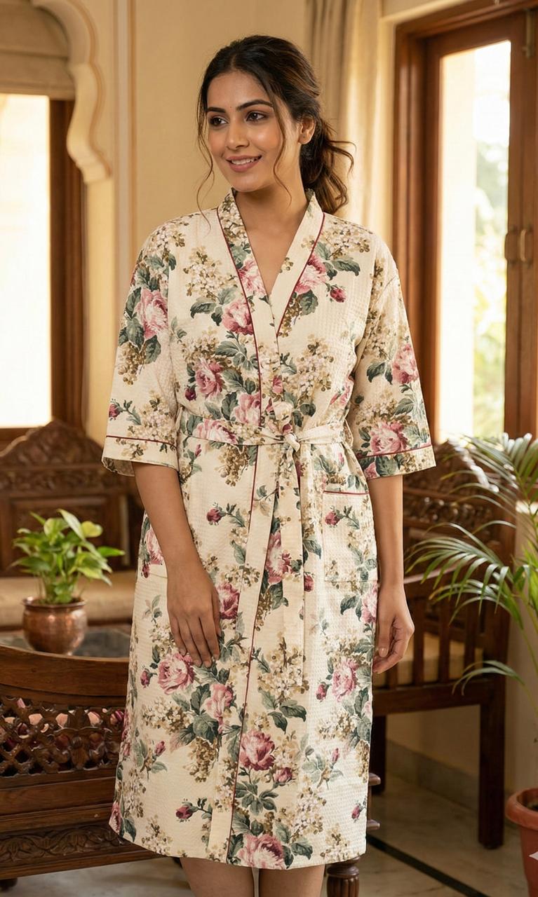Pure cotton waffled textured bathrobe - free size