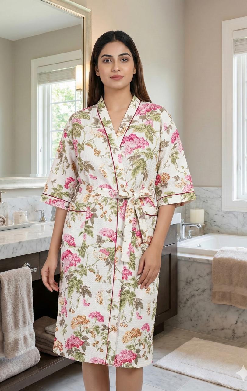 Pure cotton waffled textured bathrobe - free size