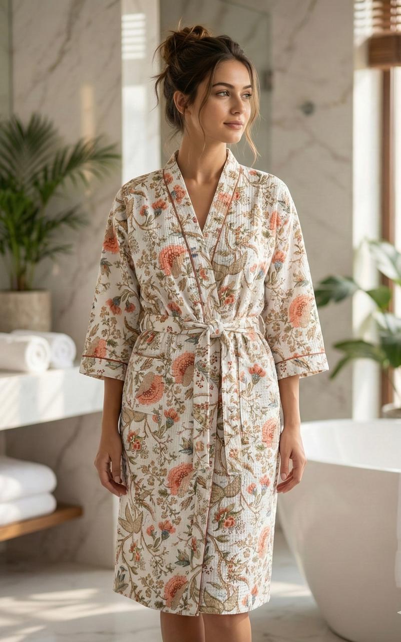 Pure cotton waffled textured bathrobe - free size