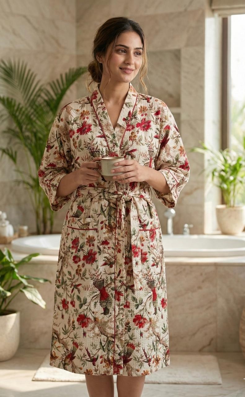 Pure cotton waffled textured bathrobe - free size