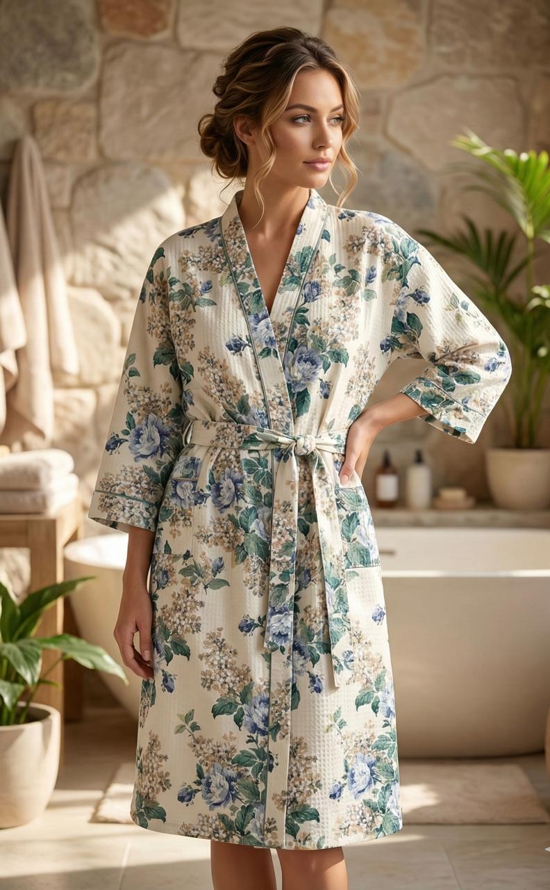 Pure cotton waffled textured bathrobe - free size