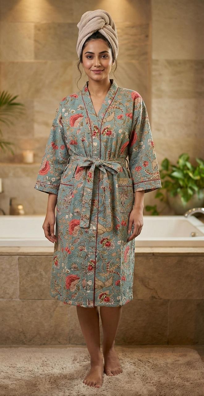 Pure cotton waffled textured bathrobe - free size