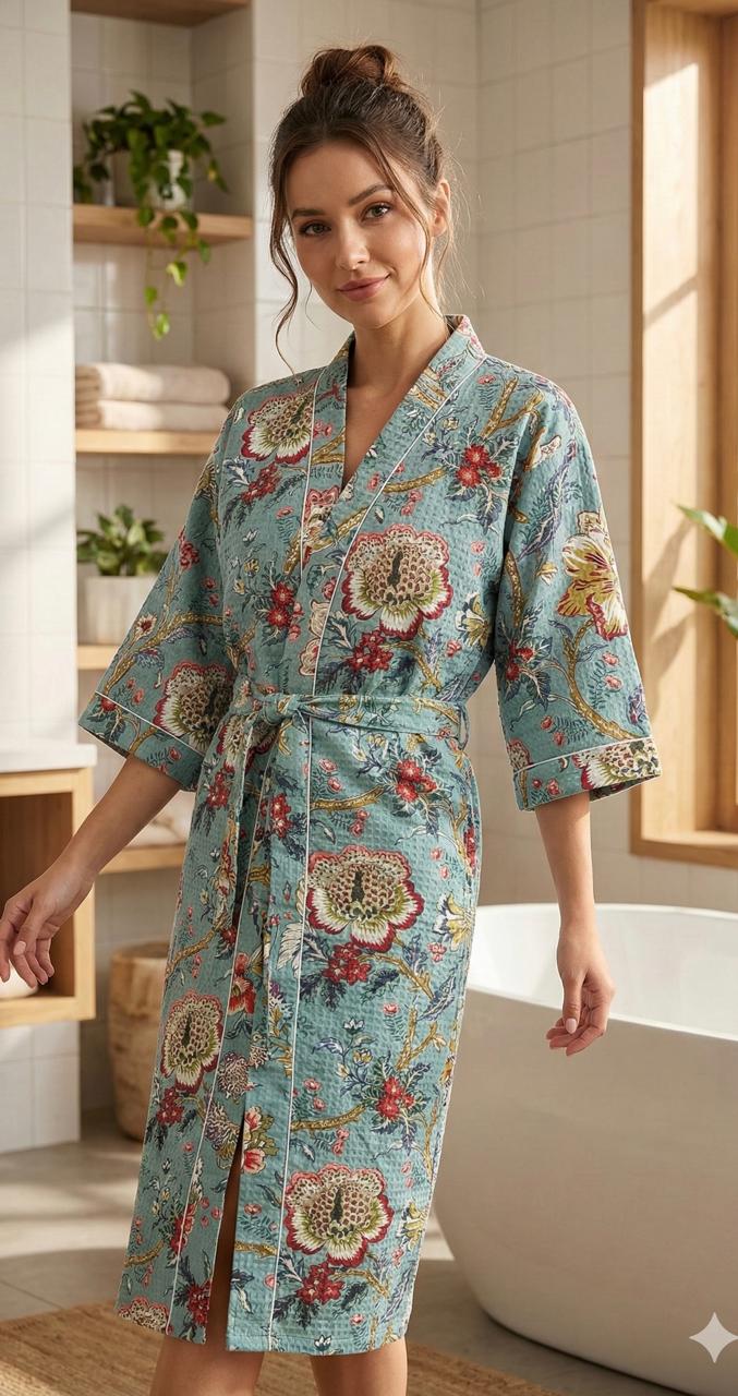 Pure cotton waffled textured bathrobe - free size