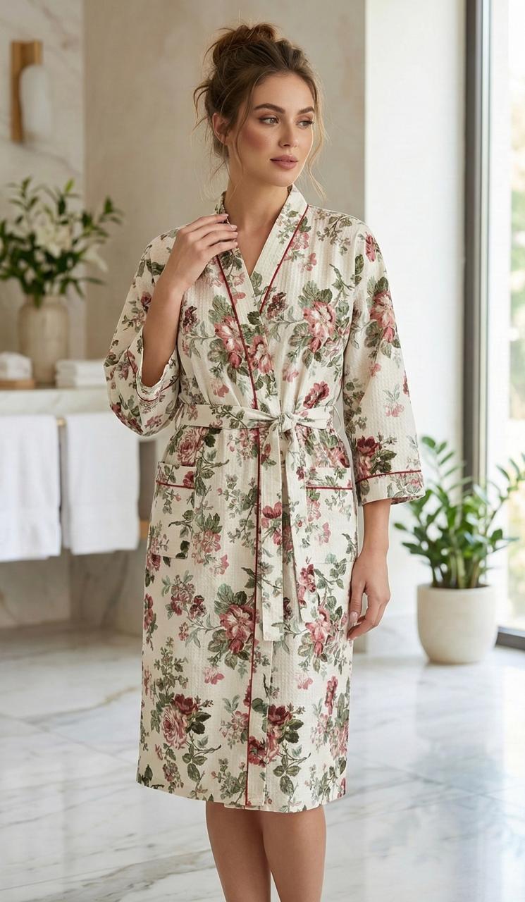Pure cotton waffled textured bathrobe - free size