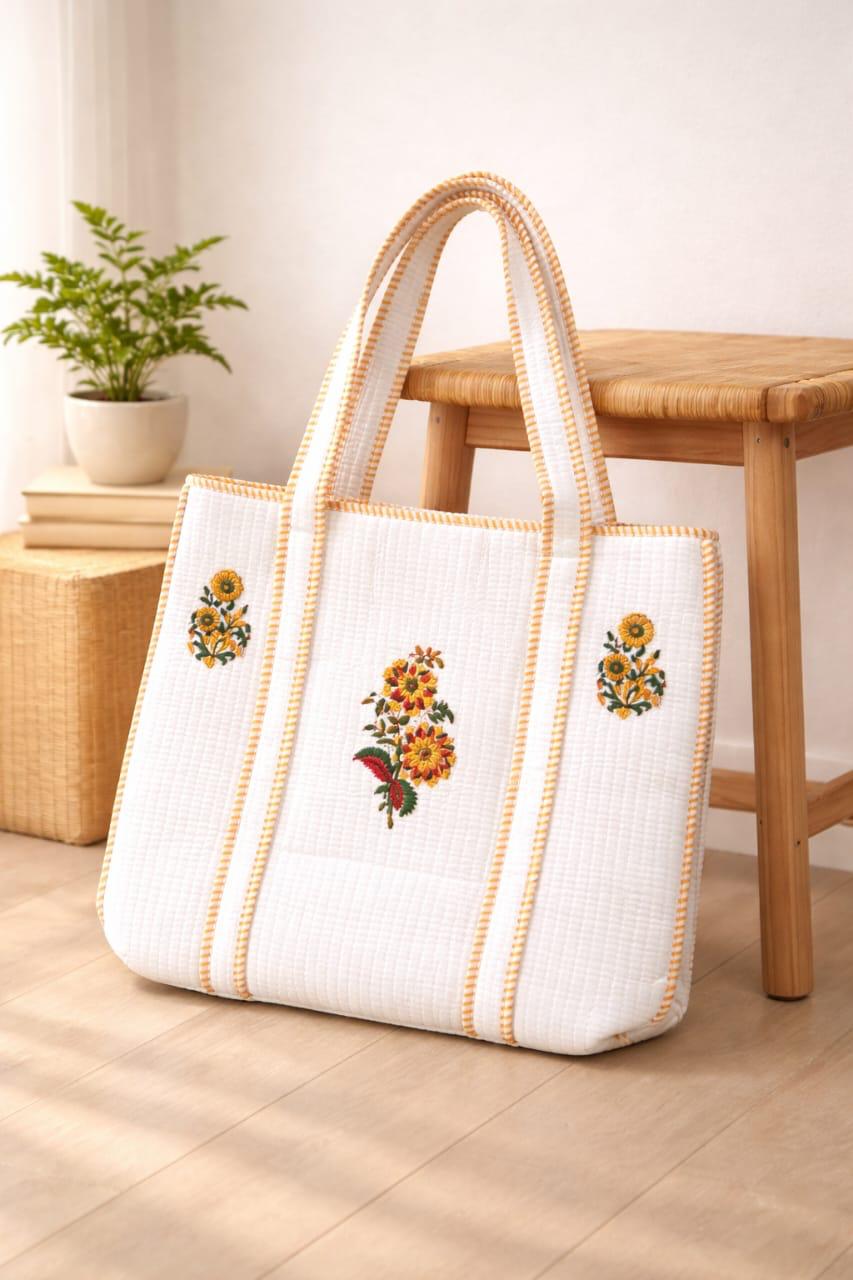 Pure cotton hand-block printed quilted tote bag (18x18 inches)