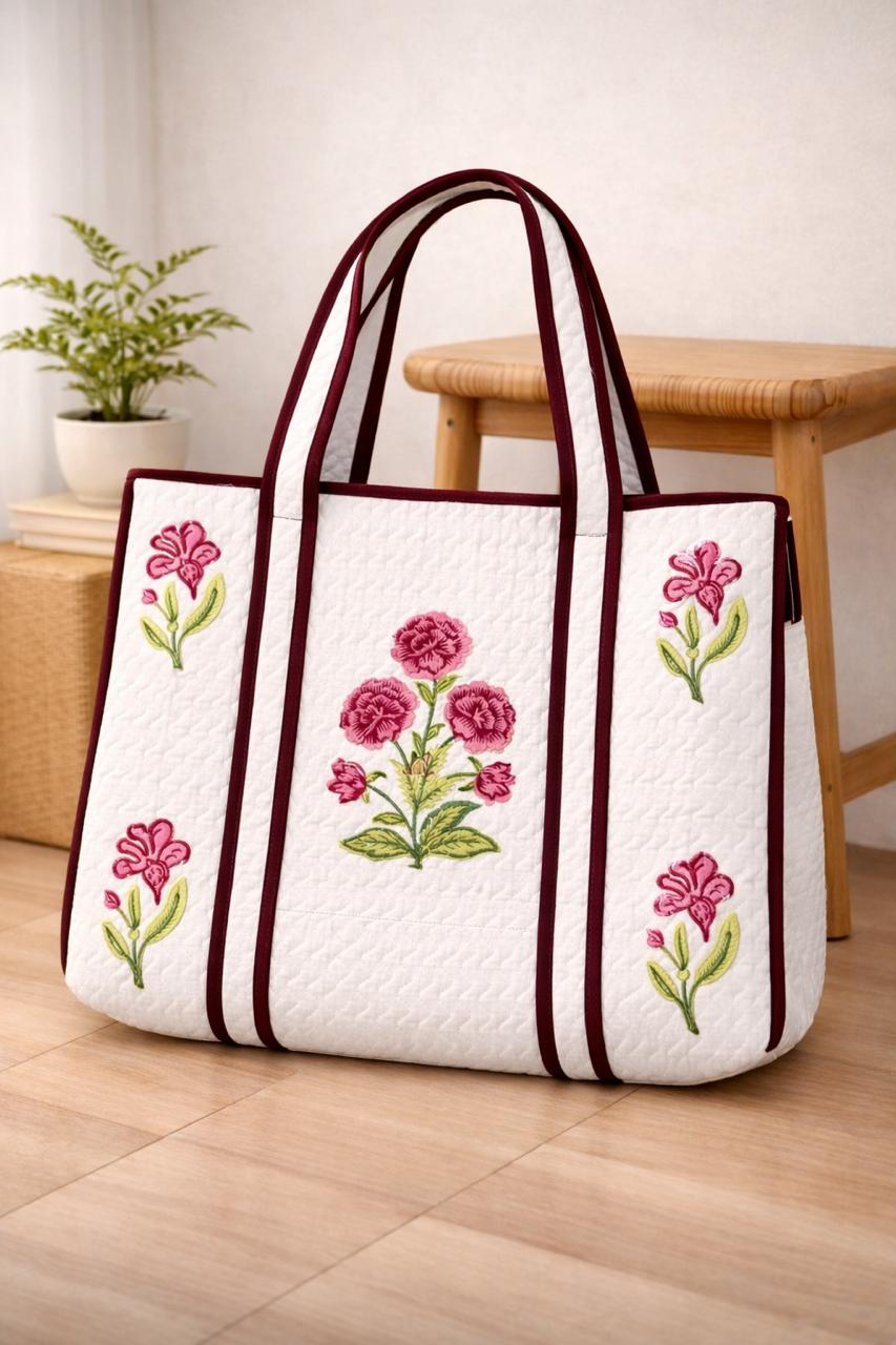 Pure cotton hand-block printed quilted tote bag (18x18 inches)