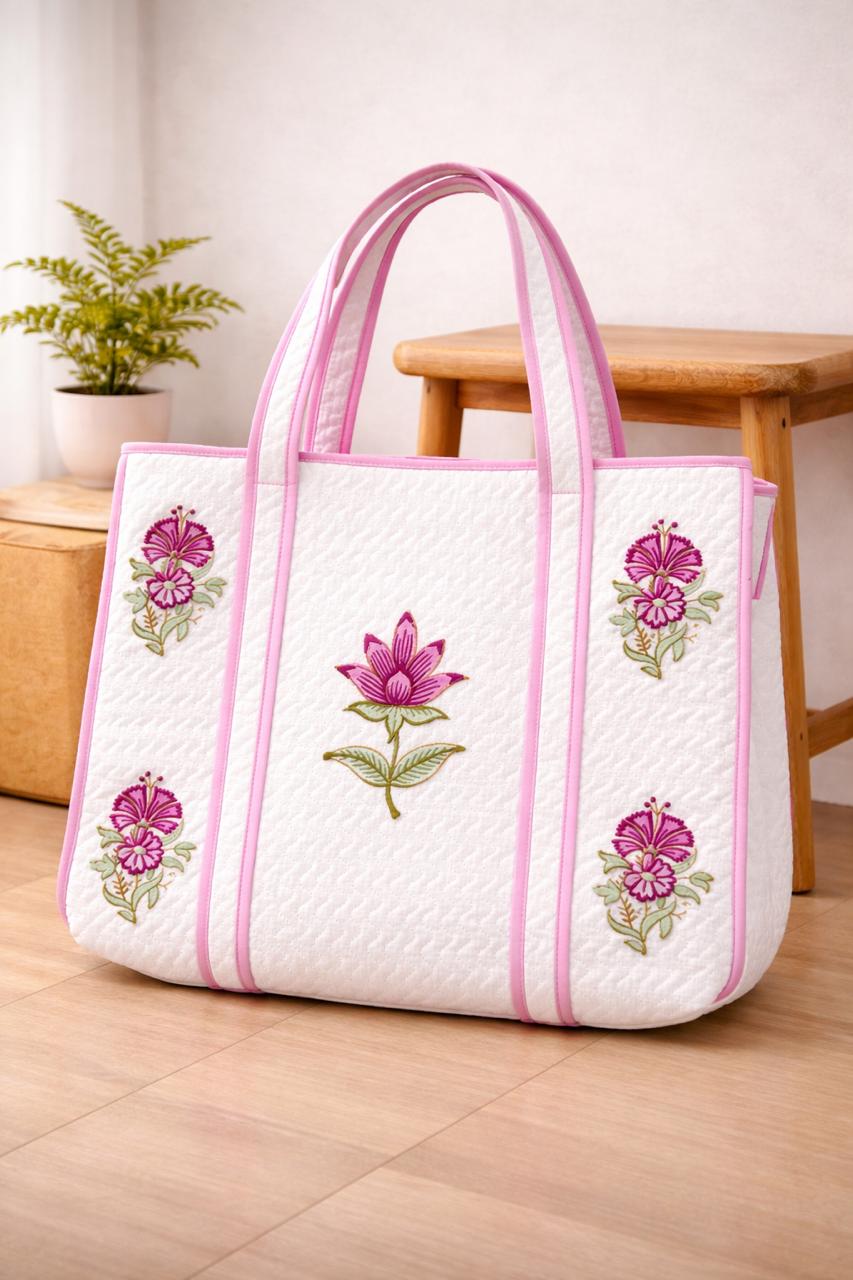 Pure cotton hand-block printed quilted tote bag (18x18 inches)