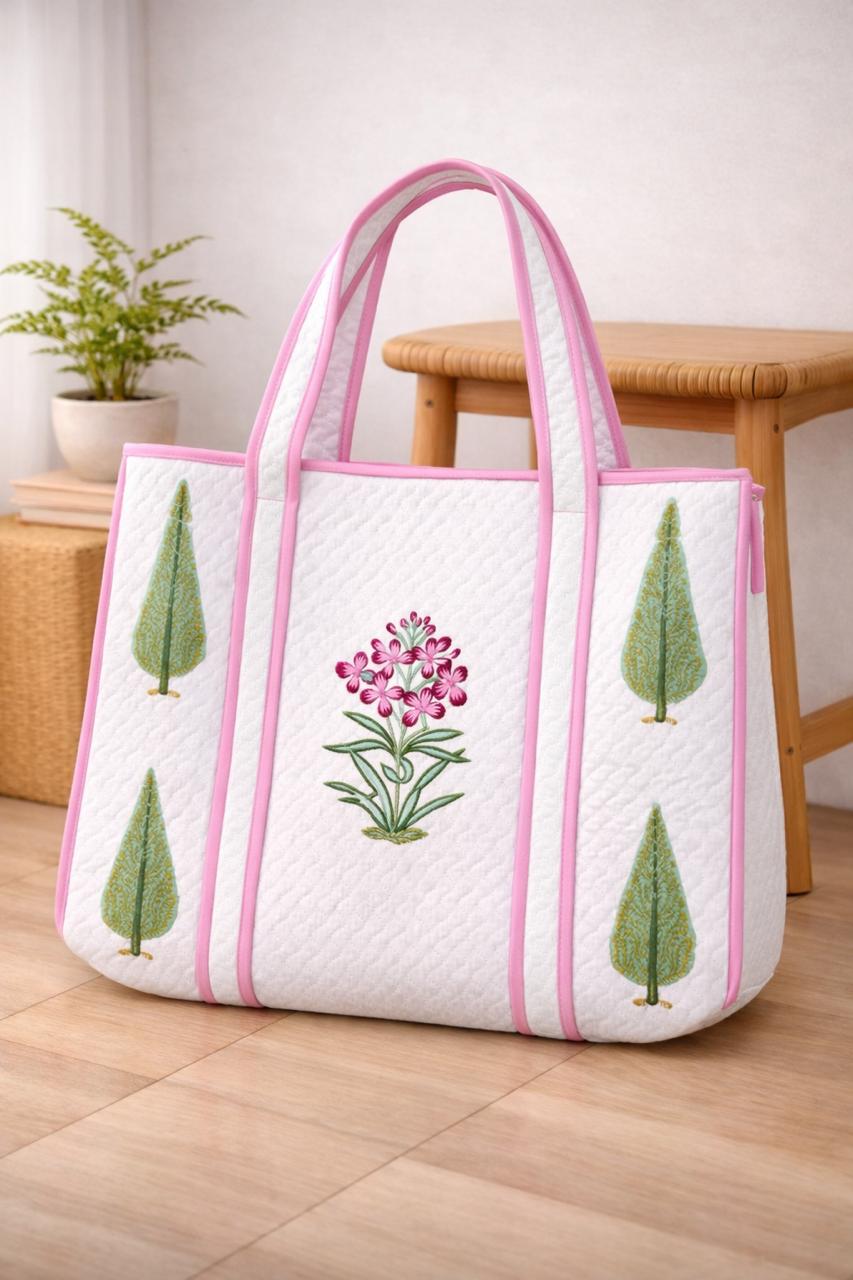 Pure cotton hand-block printed quilted tote bag (18x18 inches)