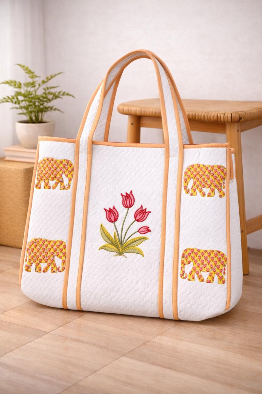 Pure cotton hand-block printed quilted tote bag (18x18 inches)