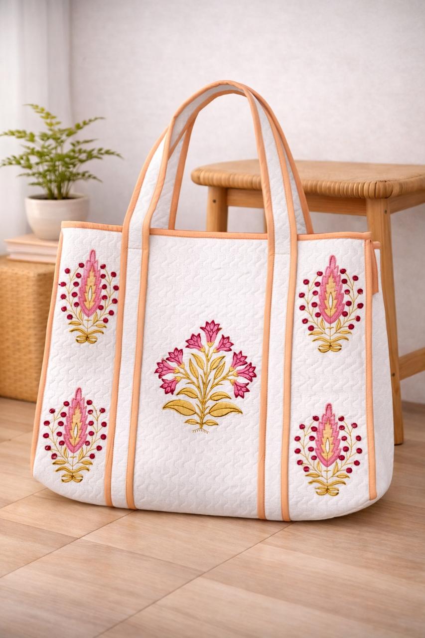 Pure cotton hand-block printed quilted tote bag (18x18 inches)