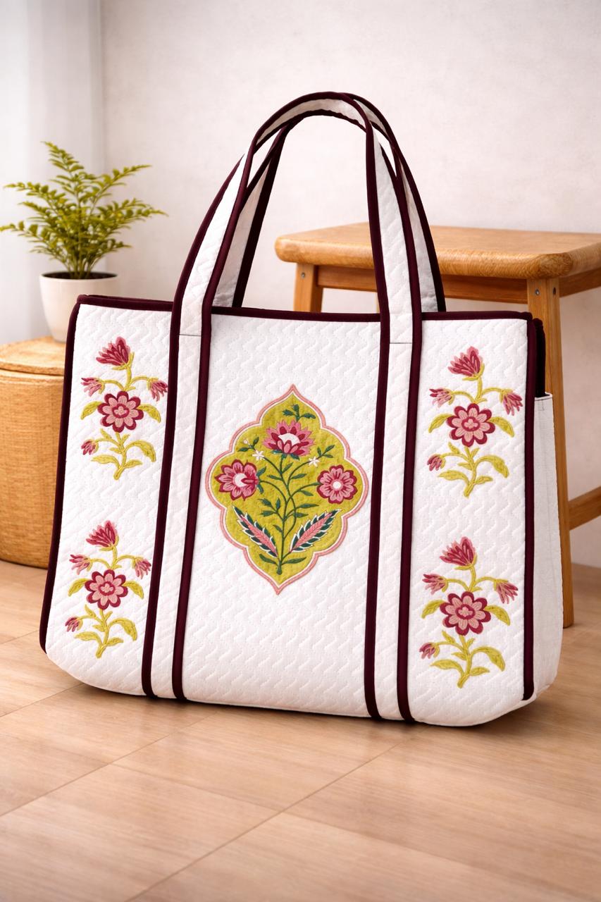 Pure cotton hand-block printed quilted tote bag (18x18 inches)
