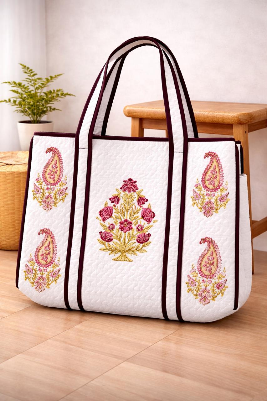 Pure cotton hand-block printed quilted tote bag (18x18 inches)