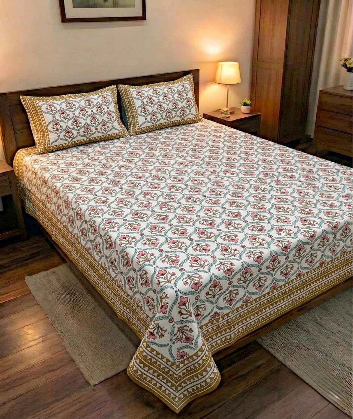 Pure cotton king size double bedsheet with two pillow covers (100x108 inches)