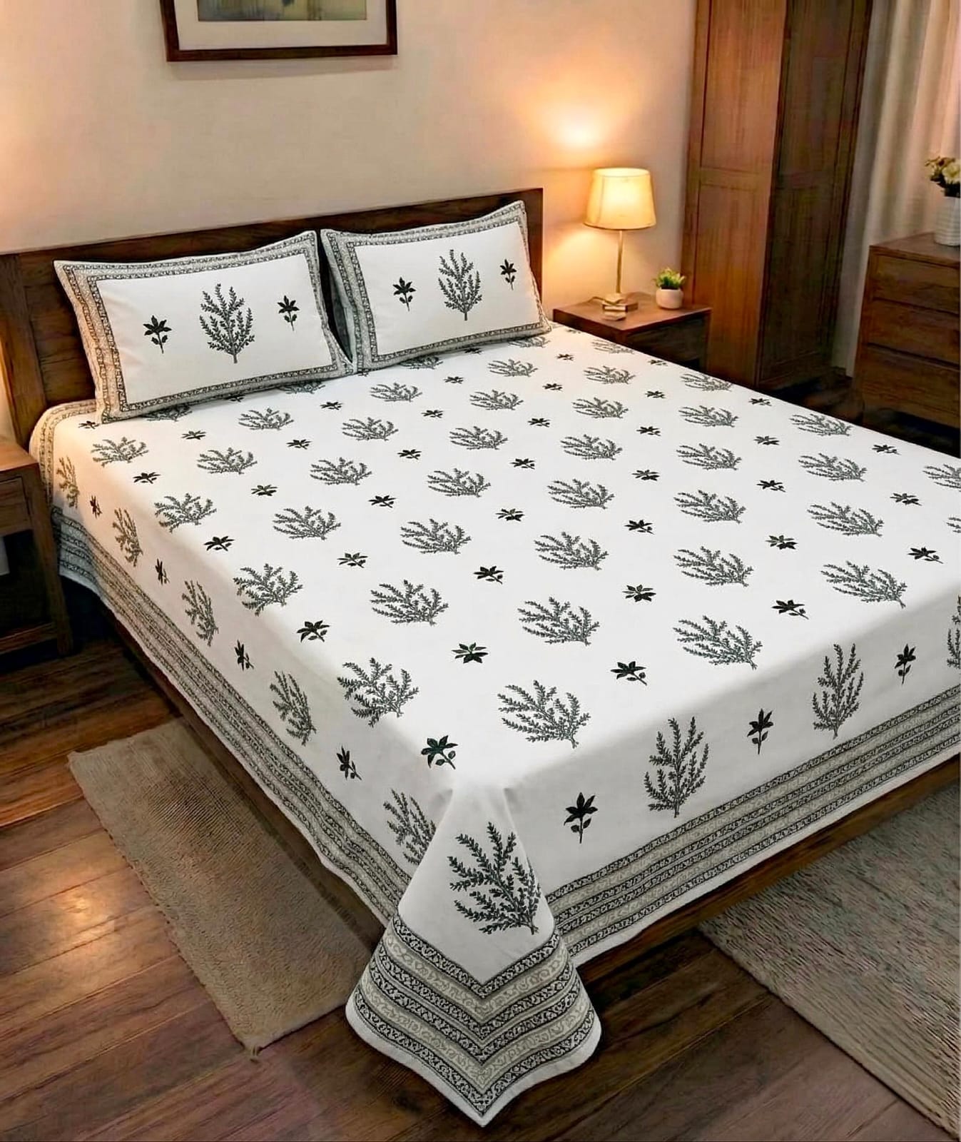Pure cotton king size double bedsheet with two pillow covers (100x108 inches)