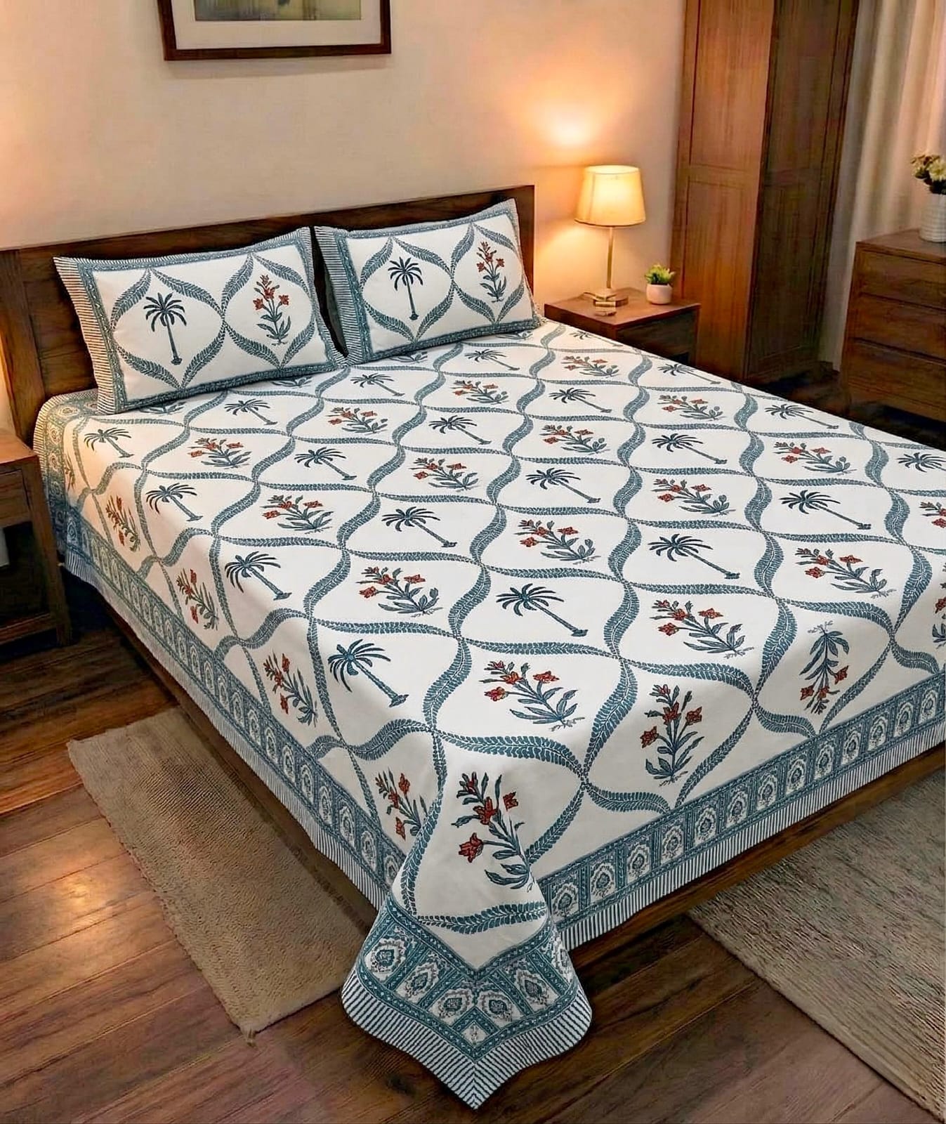 Pure cotton king size double bedsheet with two pillow covers (100x108 inches)