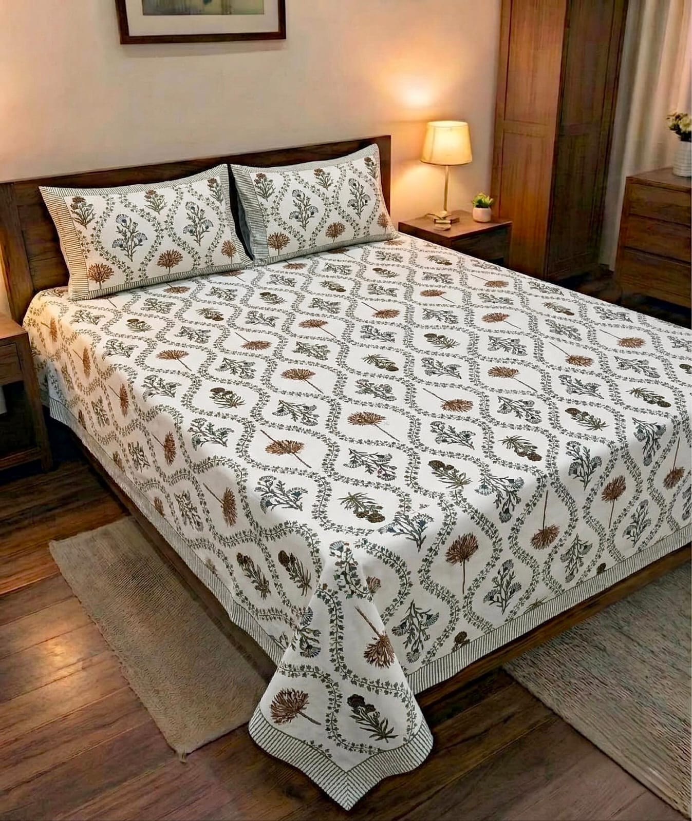 Pure cotton king size double bedsheet with two pillow covers (100x108 inches)