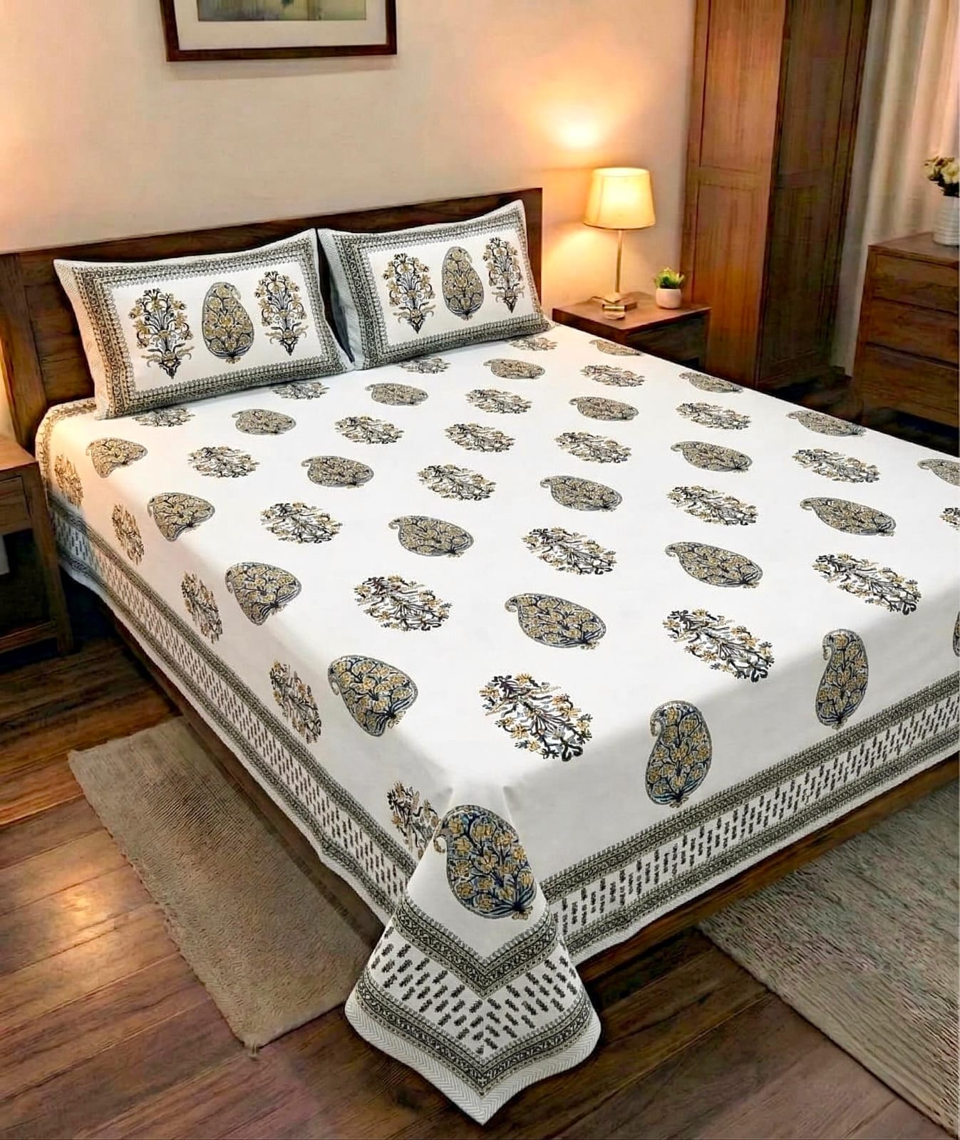 Pure cotton king size double bedsheet with two pillow covers (100x108 inches)