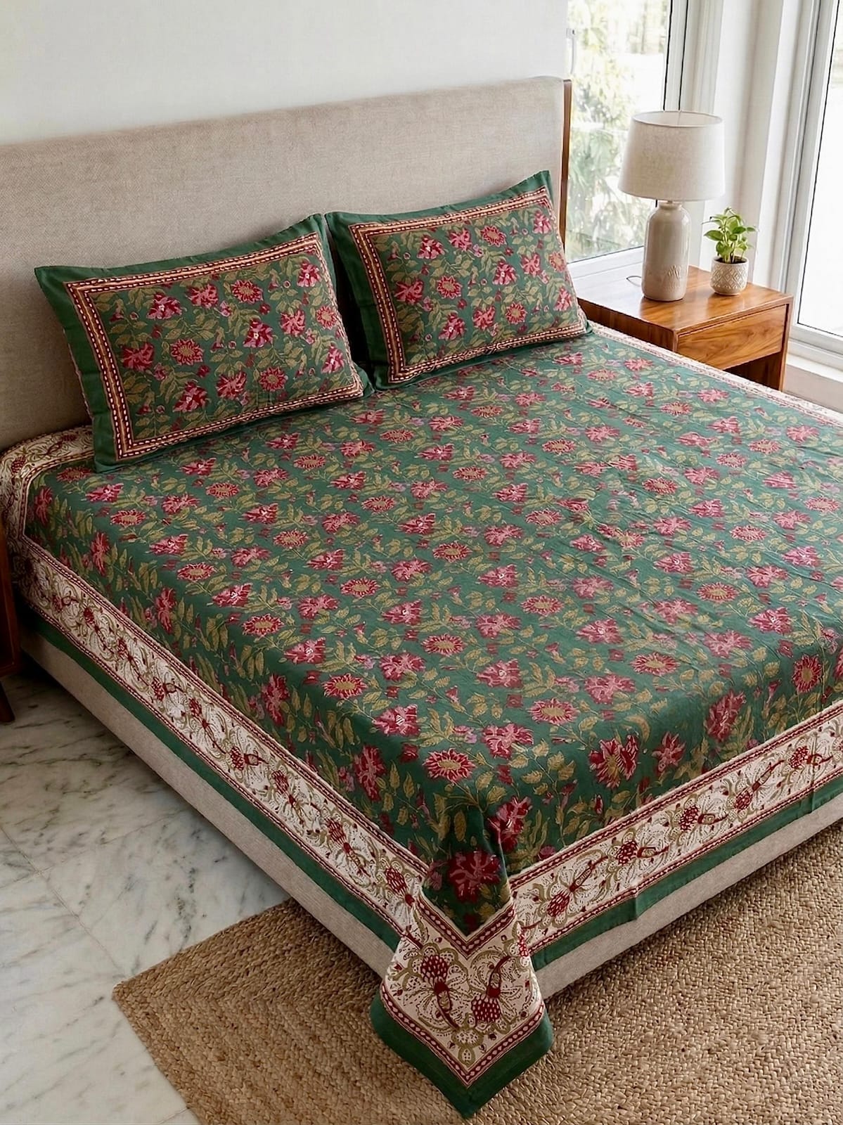 Pure cotton king size double bedsheet with two pillow covers (100x108 inches)