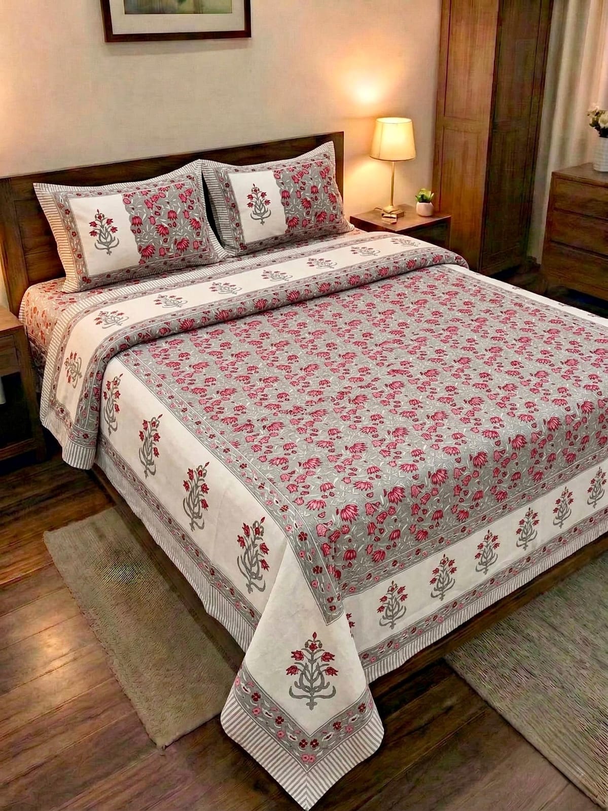 Pure cotton king size double bedsheet with two pillow covers (100x108 inches)