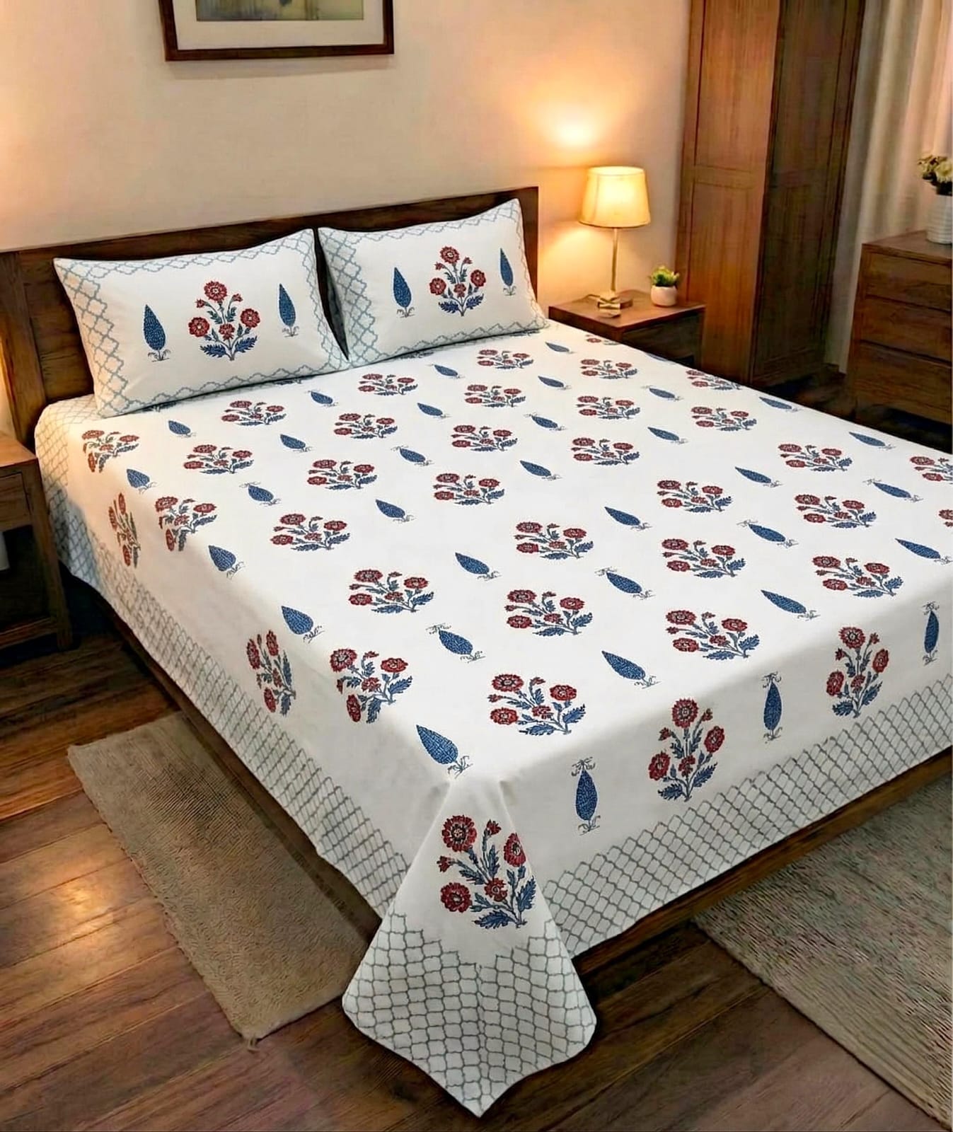 Pure cotton king size double bedsheet with two pillow covers (100x108 inches)