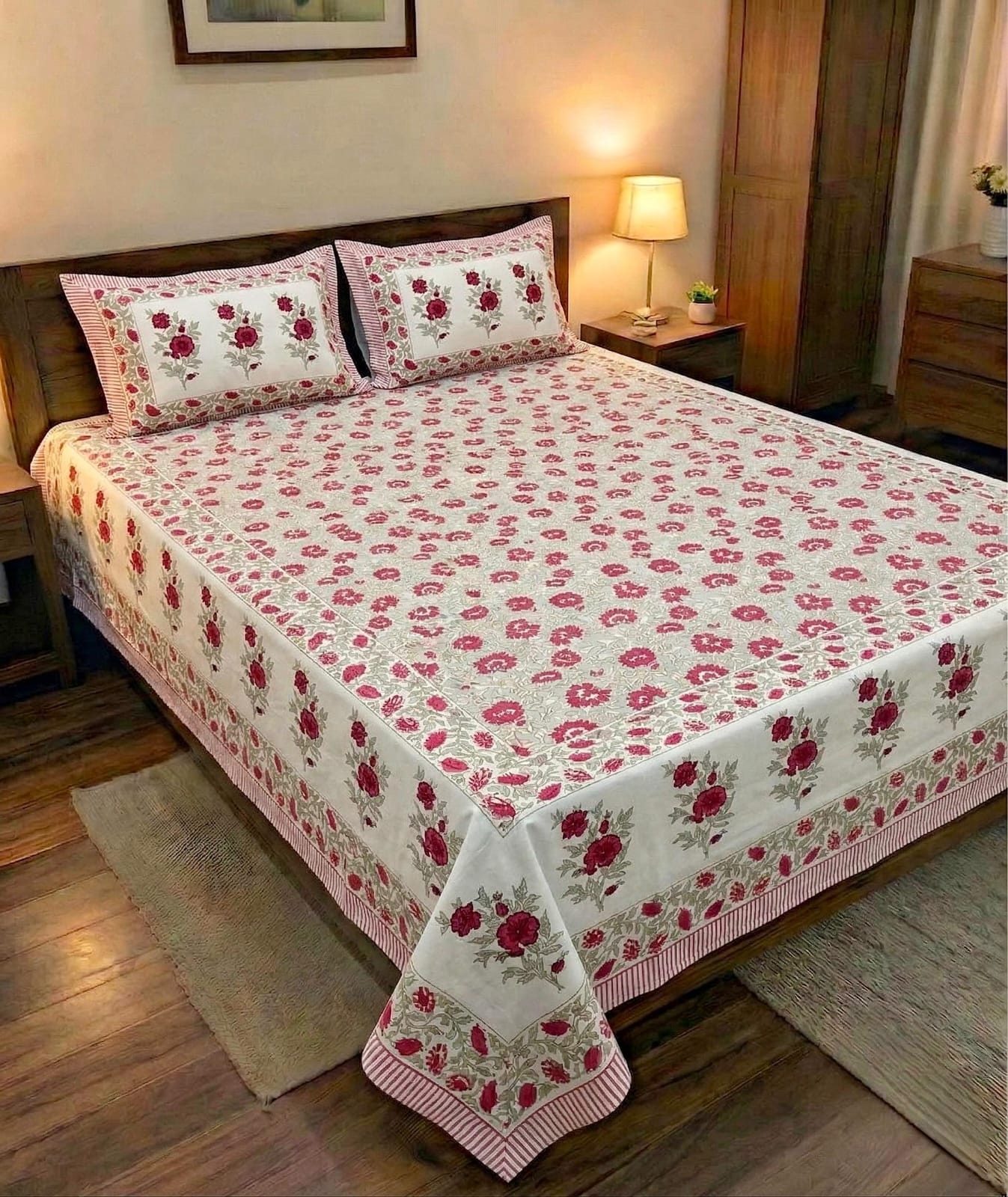 Pure cotton king size double bedsheet with two pillow covers (100x108 inches)