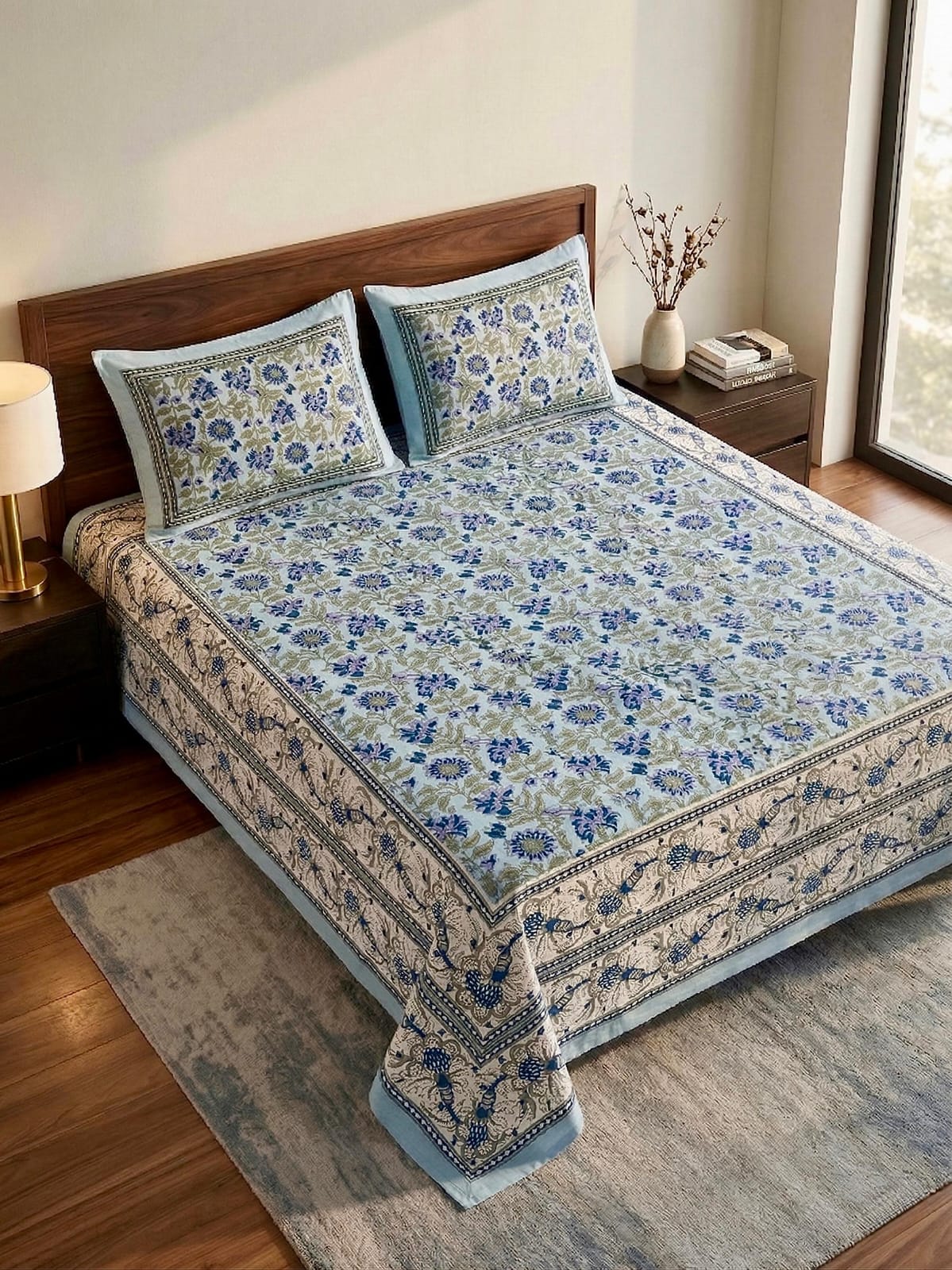 Pure cotton king size double bedsheet with two pillow covers (100x108 inches)