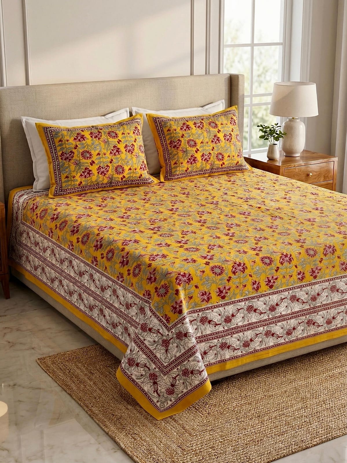 Pure cotton king size double bedsheet with two pillow covers (100x108 inches)