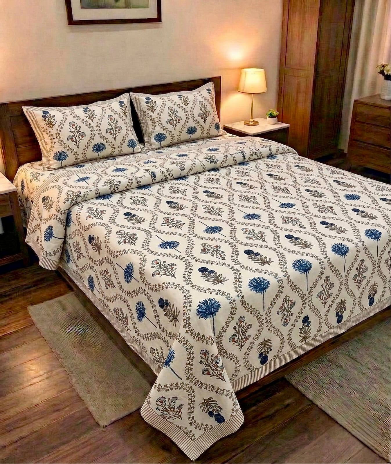 Pure cotton king size double bedsheet with two pillow covers (100x108 inches)