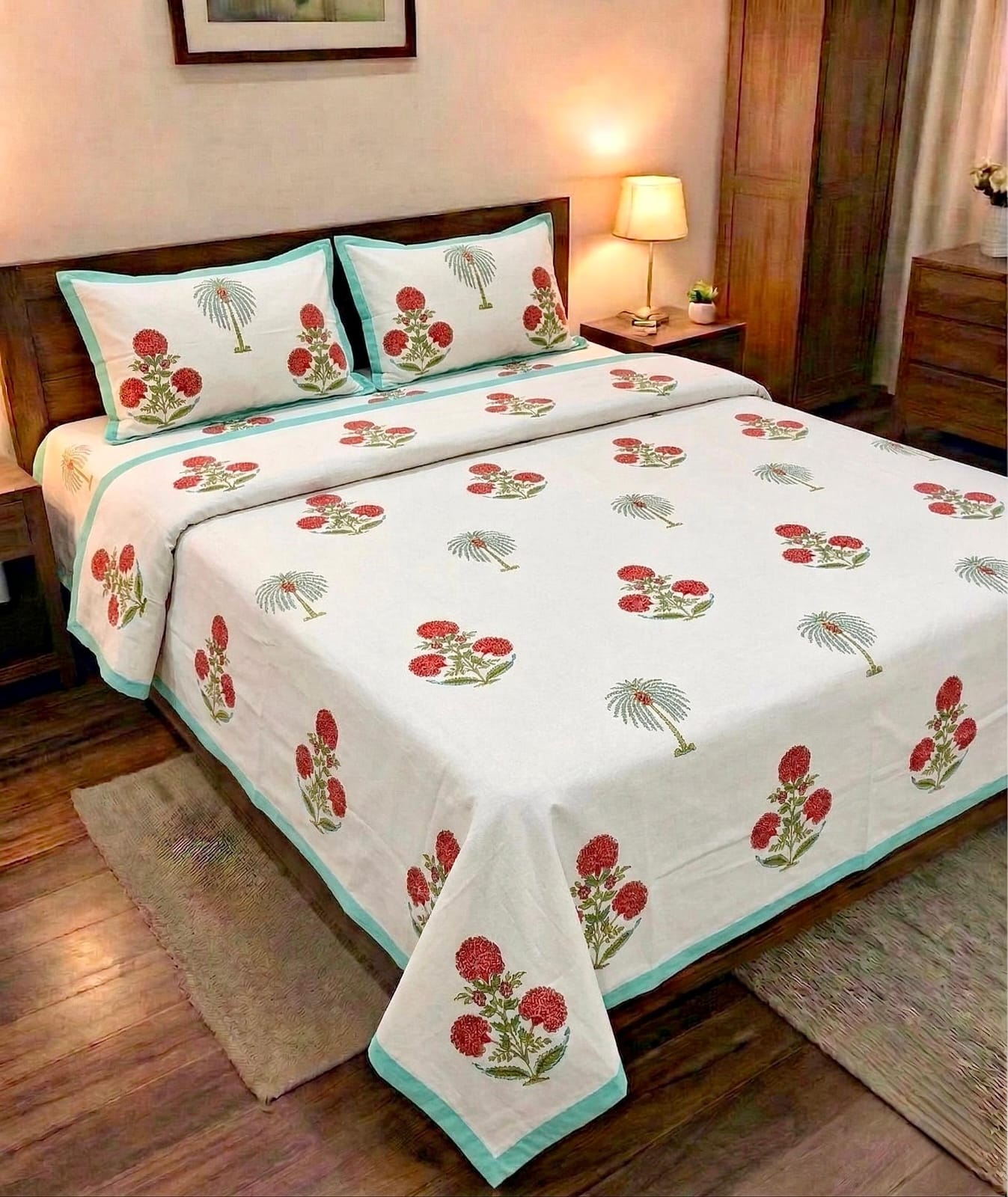Pure cotton king size double bedsheet with two pillow covers (100x108 inches)