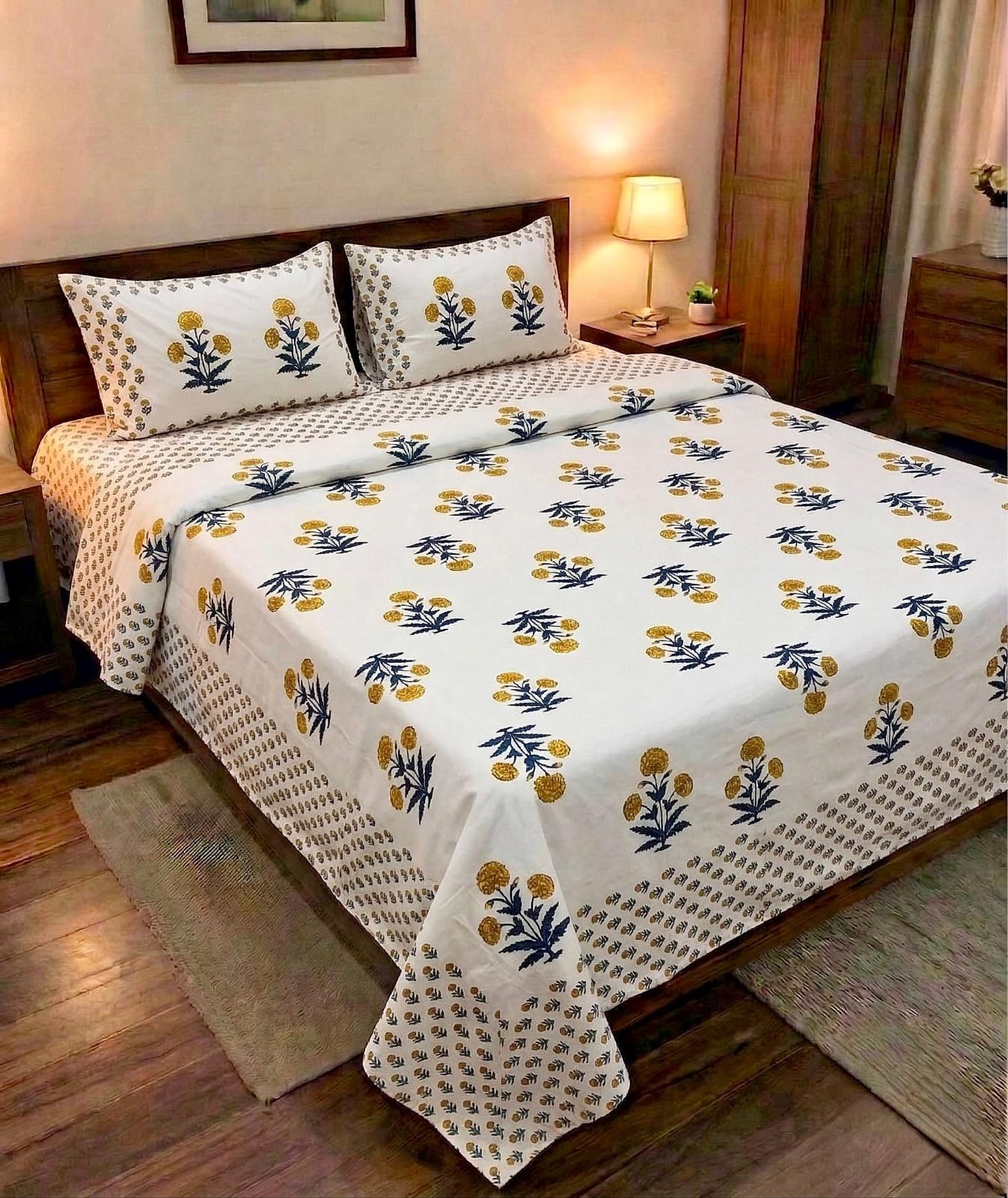 Pure cotton king size double bedsheet with two pillow covers (100x108 inches)