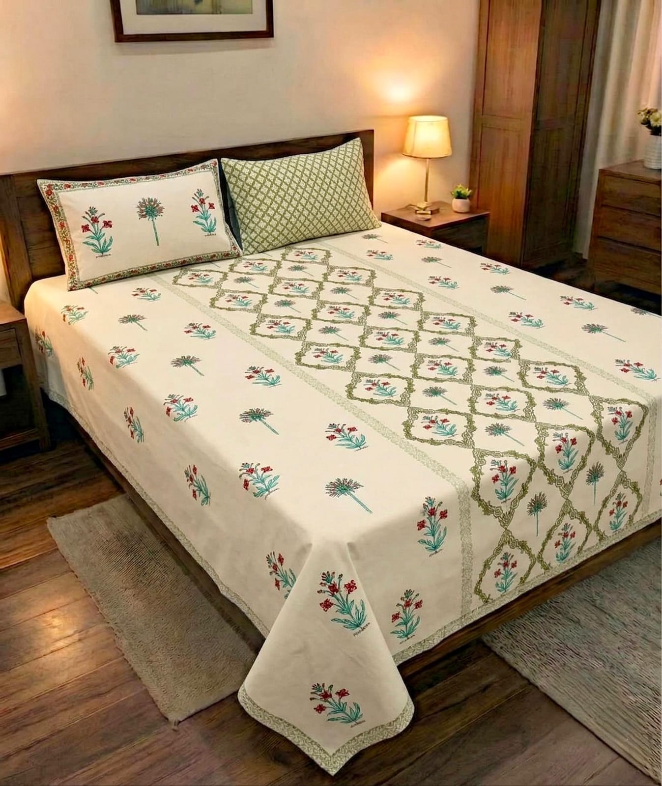 Pure cotton king size double bedsheet with two pillow covers (100x108 inches)