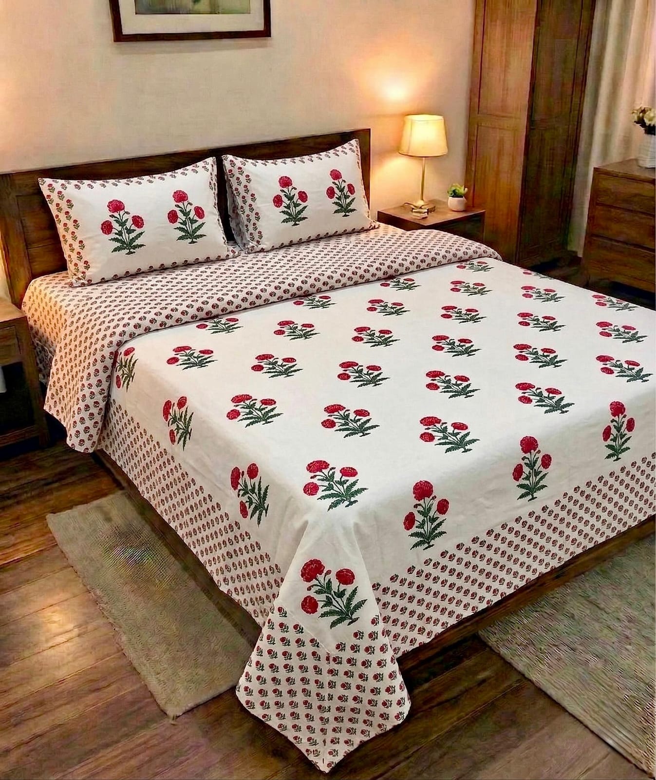Pure cotton king size double bedsheet with two pillow covers (100x108 inches)