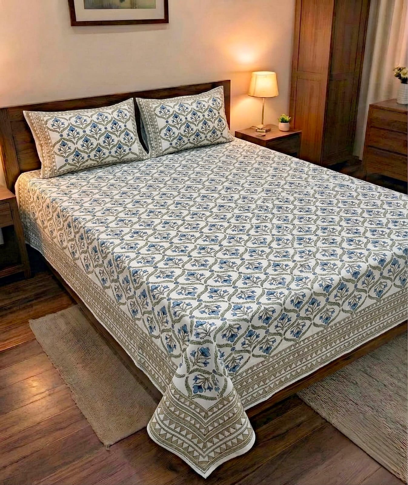 Pure cotton king size double bedsheet with two pillow covers (100x108 inches)