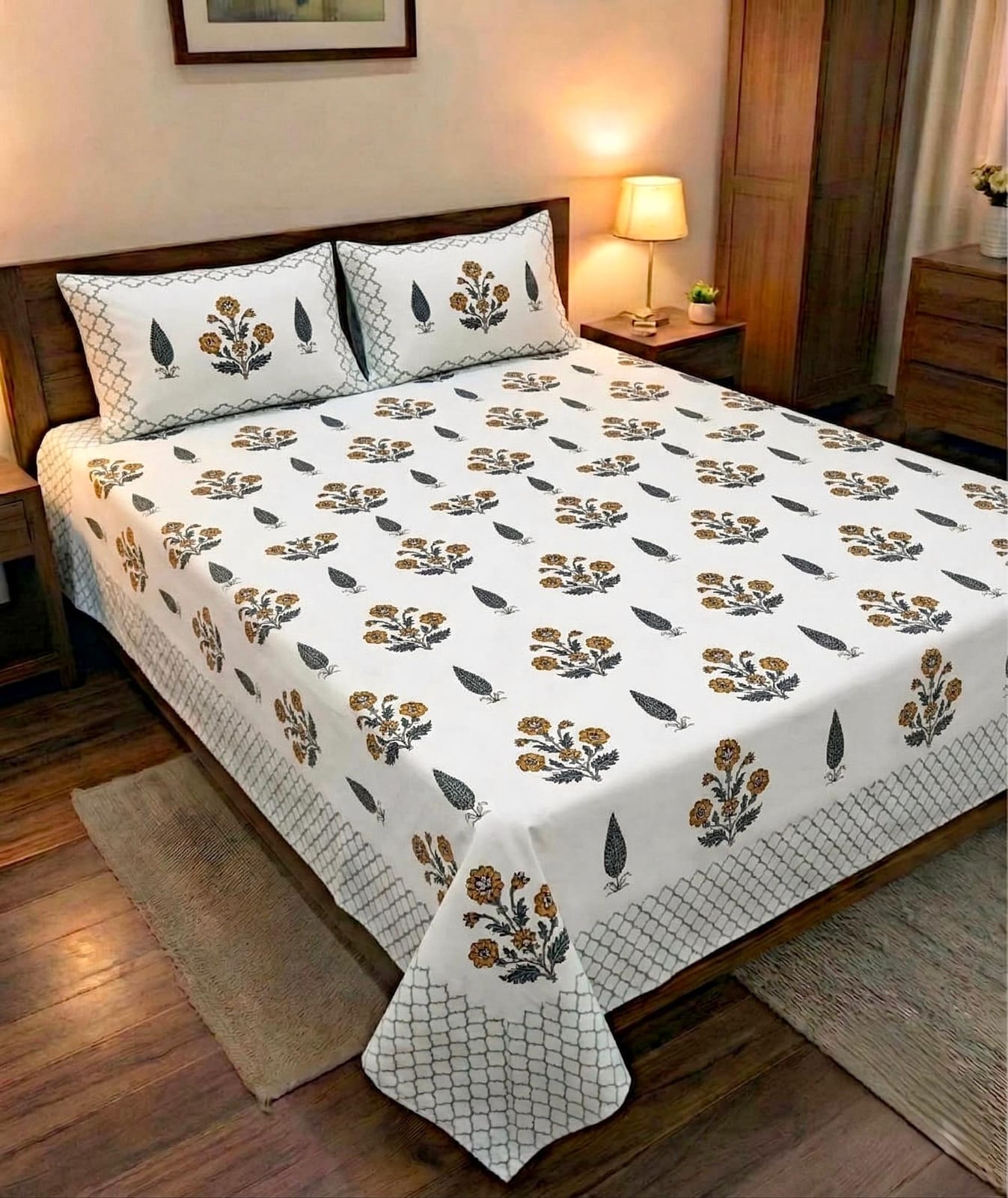 Pure cotton king size double bedsheet with two pillow covers (100x108 inches)