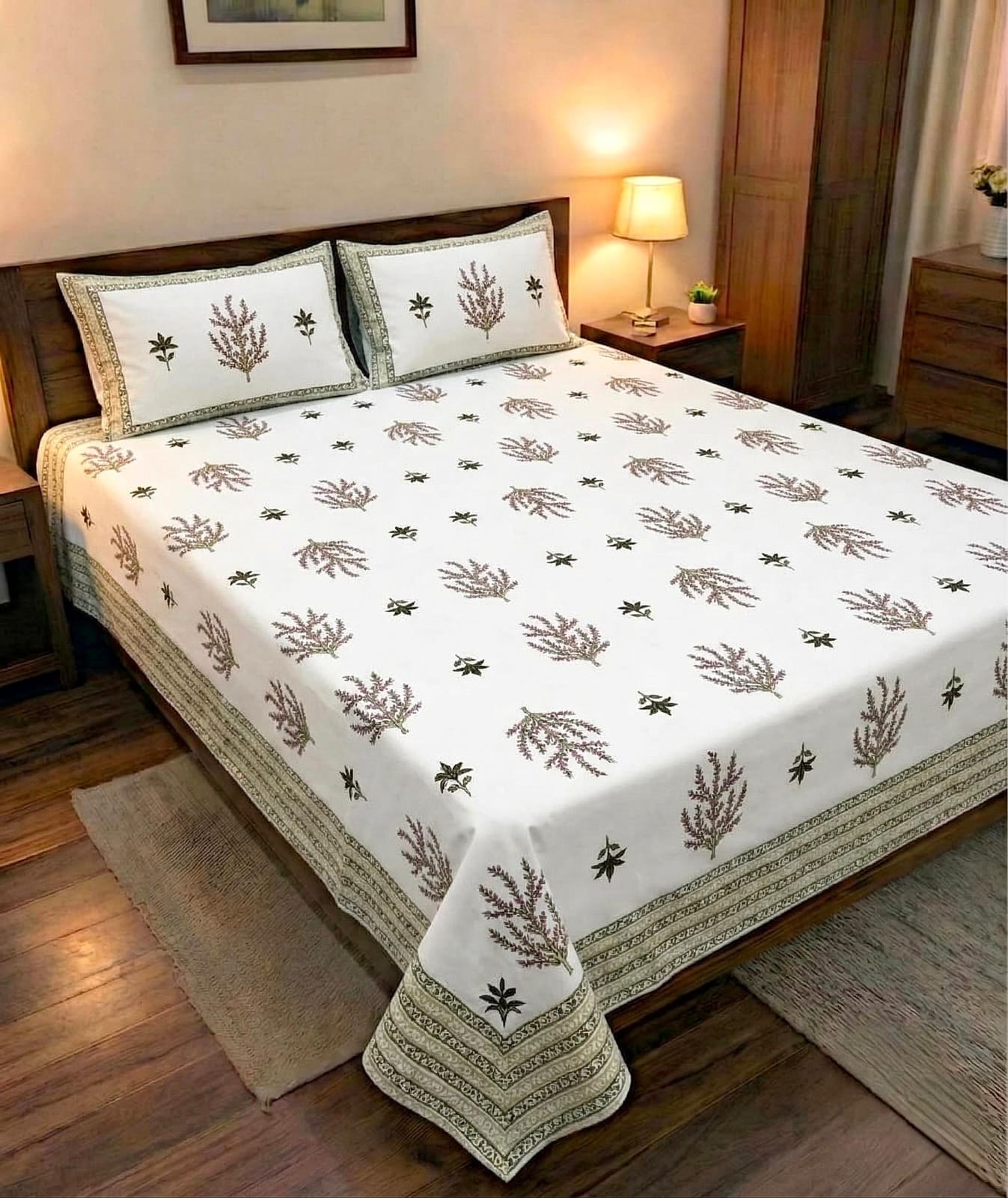 Pure cotton king size double bedsheet with two pillow covers (100x108 inches)