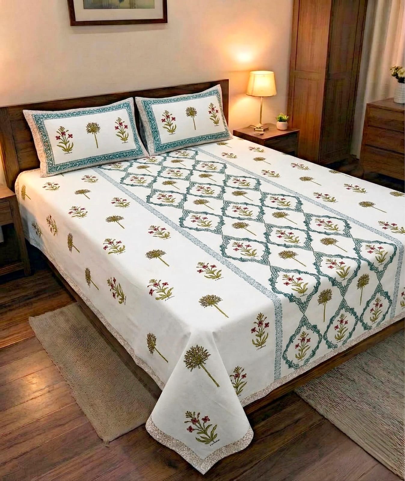 Pure cotton king size double bedsheet with two pillow covers (100x108 inches)