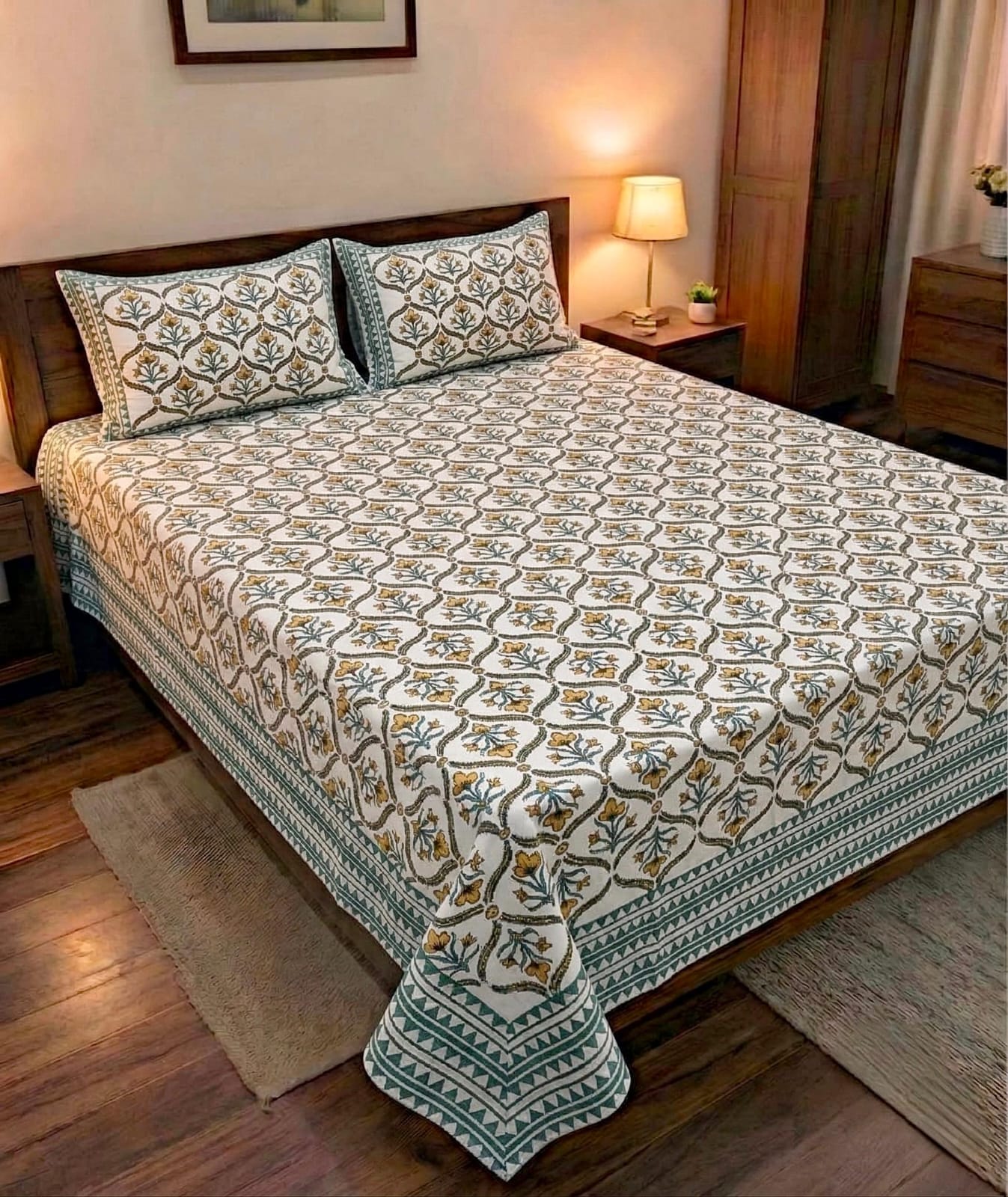 Pure cotton king size double bedsheet with two pillow covers (100x108 inches)
