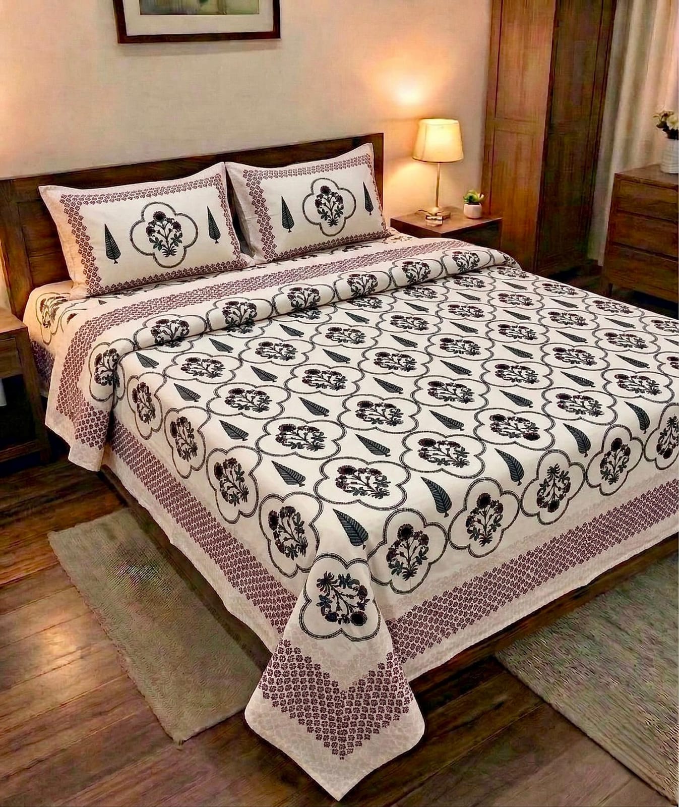 Pure cotton king size double bedsheet with two pillow covers (100x108 inches)