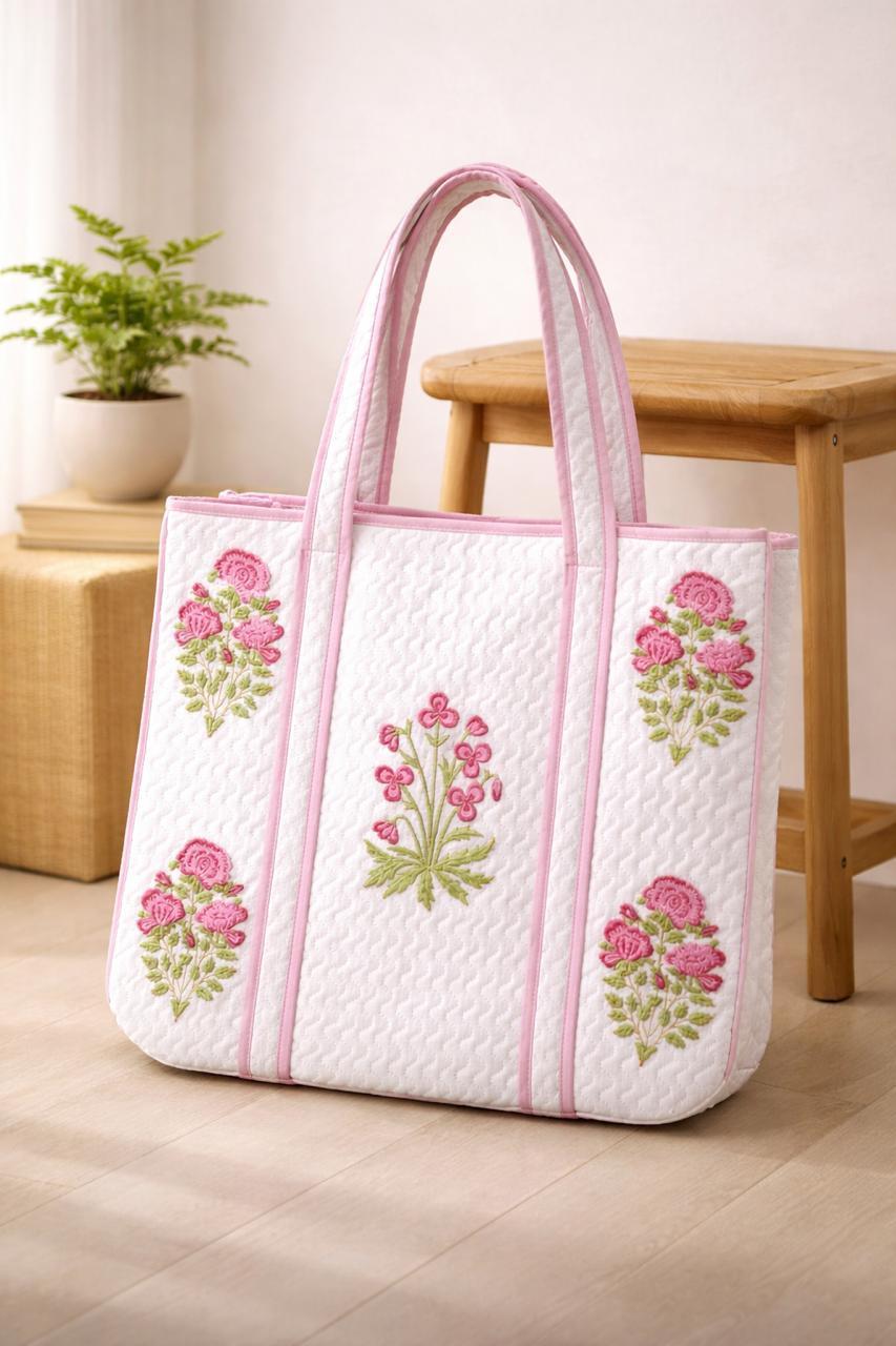 Pure cotton hand-block printed quilted tote bag (18x18 inches)