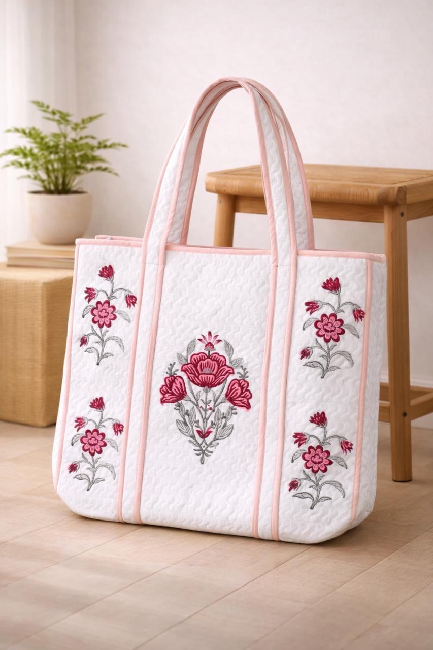 Pure cotton hand-block printed quilted tote bag (18x18 inches)