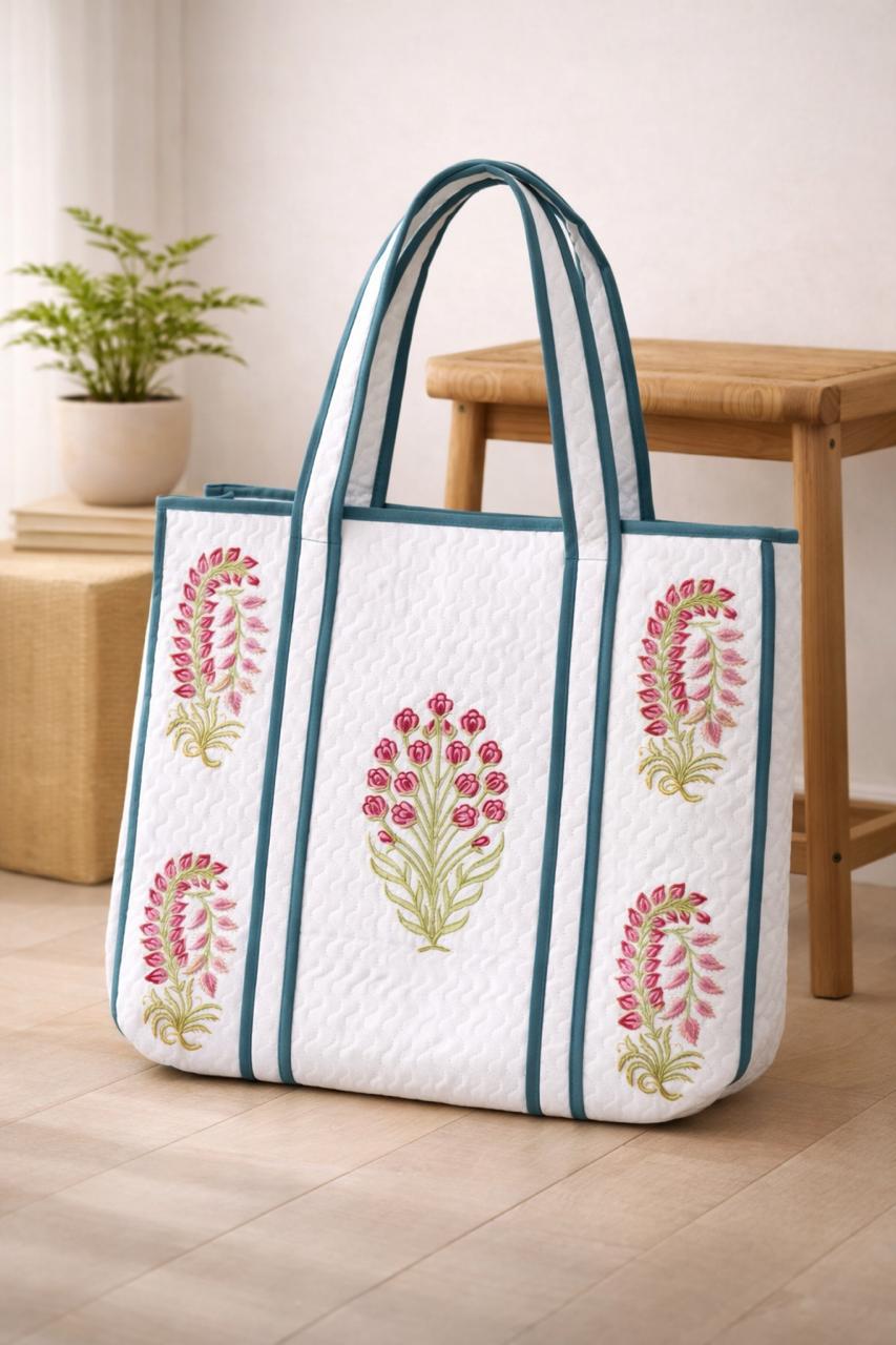 Pure cotton hand-block printed quilted tote bag (18x18 inches)