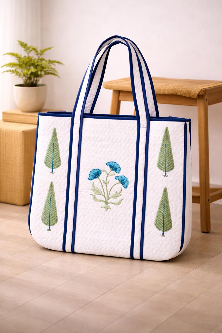 Pure cotton hand-block printed quilted tote bag (18x18 inches)