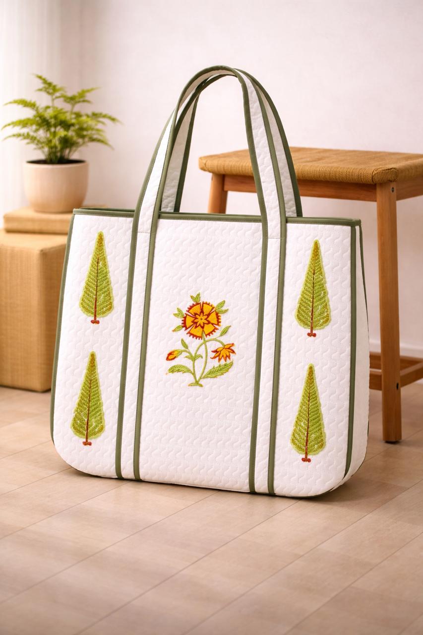 Pure cotton hand-block printed quilted tote bag (18x18 inches)