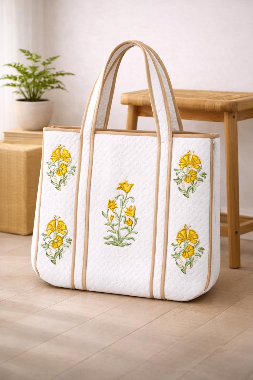 Pure cotton hand-block printed quilted tote bag (18x18 inches)