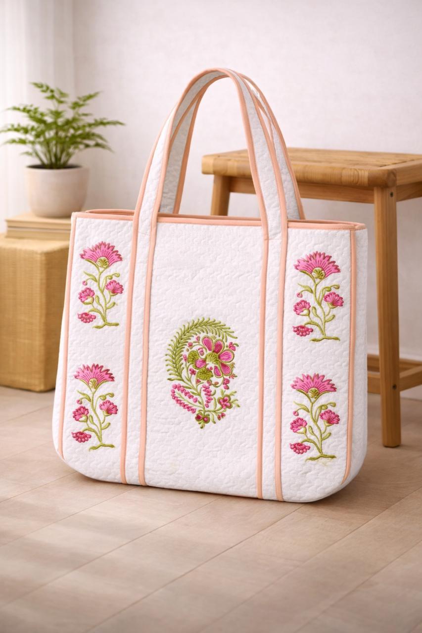 Pure cotton hand-block printed quilted tote bag (18x18 inches)