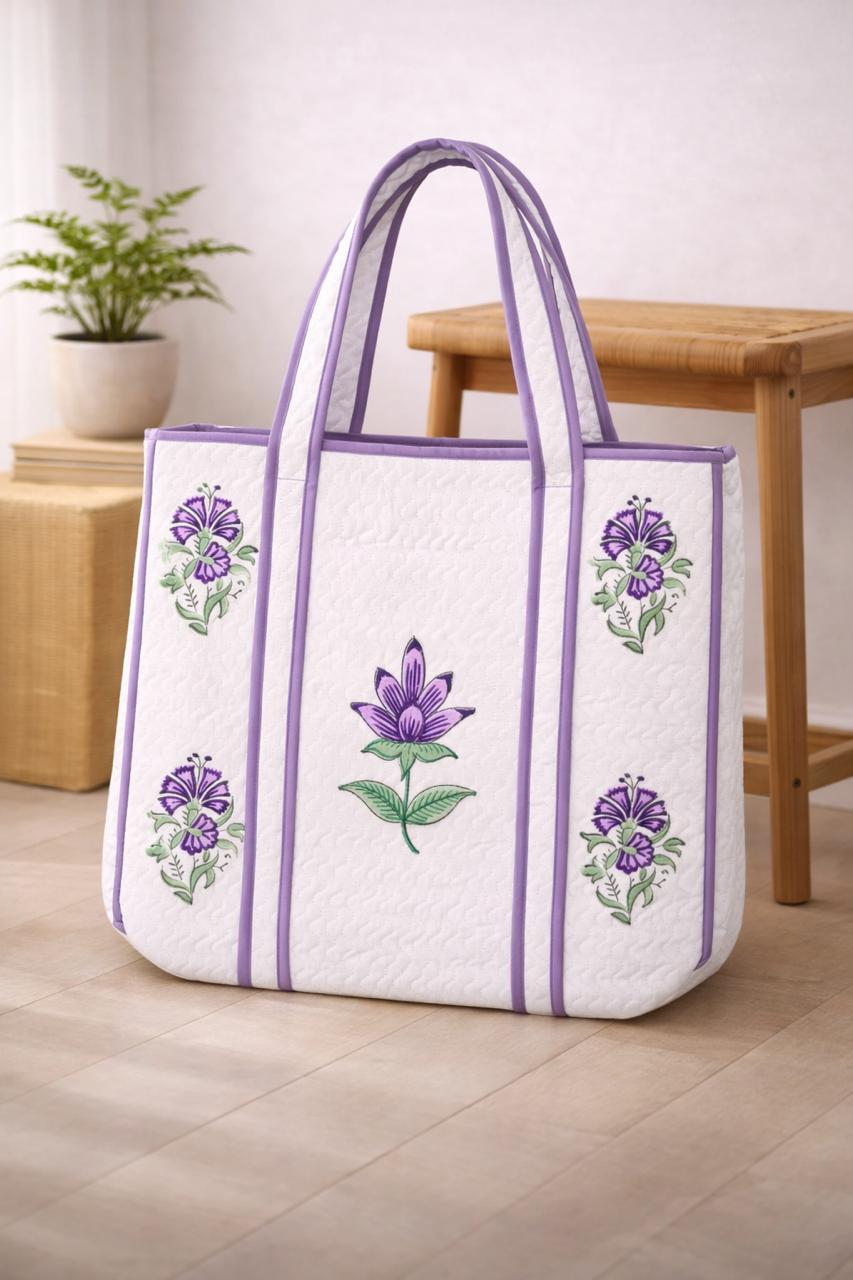 Pure cotton hand-block printed quilted tote bags 18x18 inches