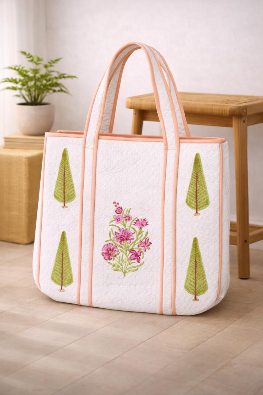 Pure cotton hand-block printed quilted tote bag (18x18 inches)