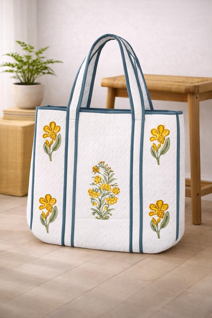 Pure cotton hand-block printed quilted tote bag (18x18 inches)