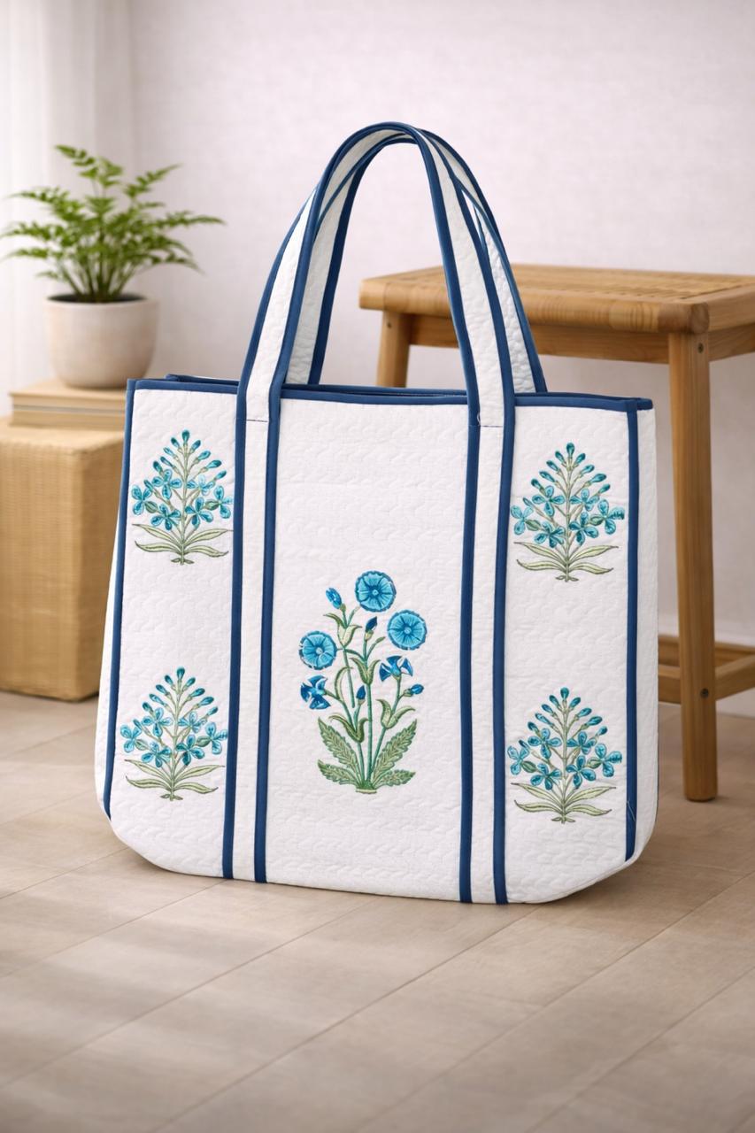 Pure cotton hand-block printed quilted tote bag (18x18 inches)