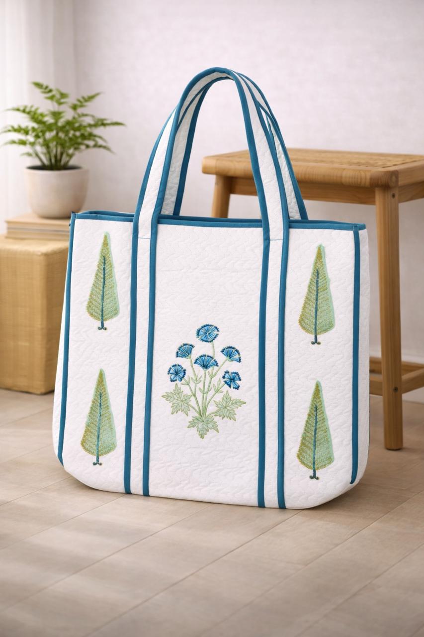 Pure cotton hand-block printed quilted tote bag (18x18 inches)